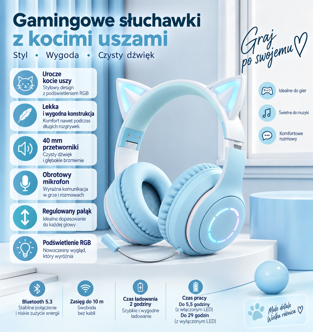 Cuffie gaming Bluetooth con orecchie da gatto e illuminazione RGB 🎧🐱