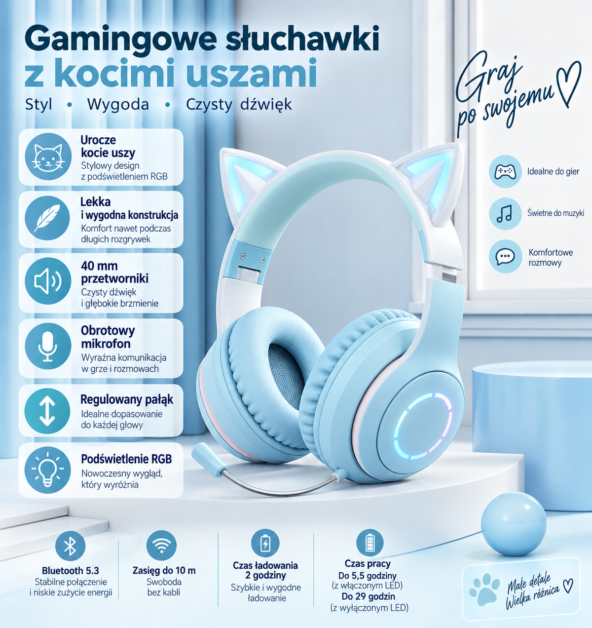 Cuffie gaming Bluetooth con orecchie da gatto e illuminazione RGB 🎧🐱
