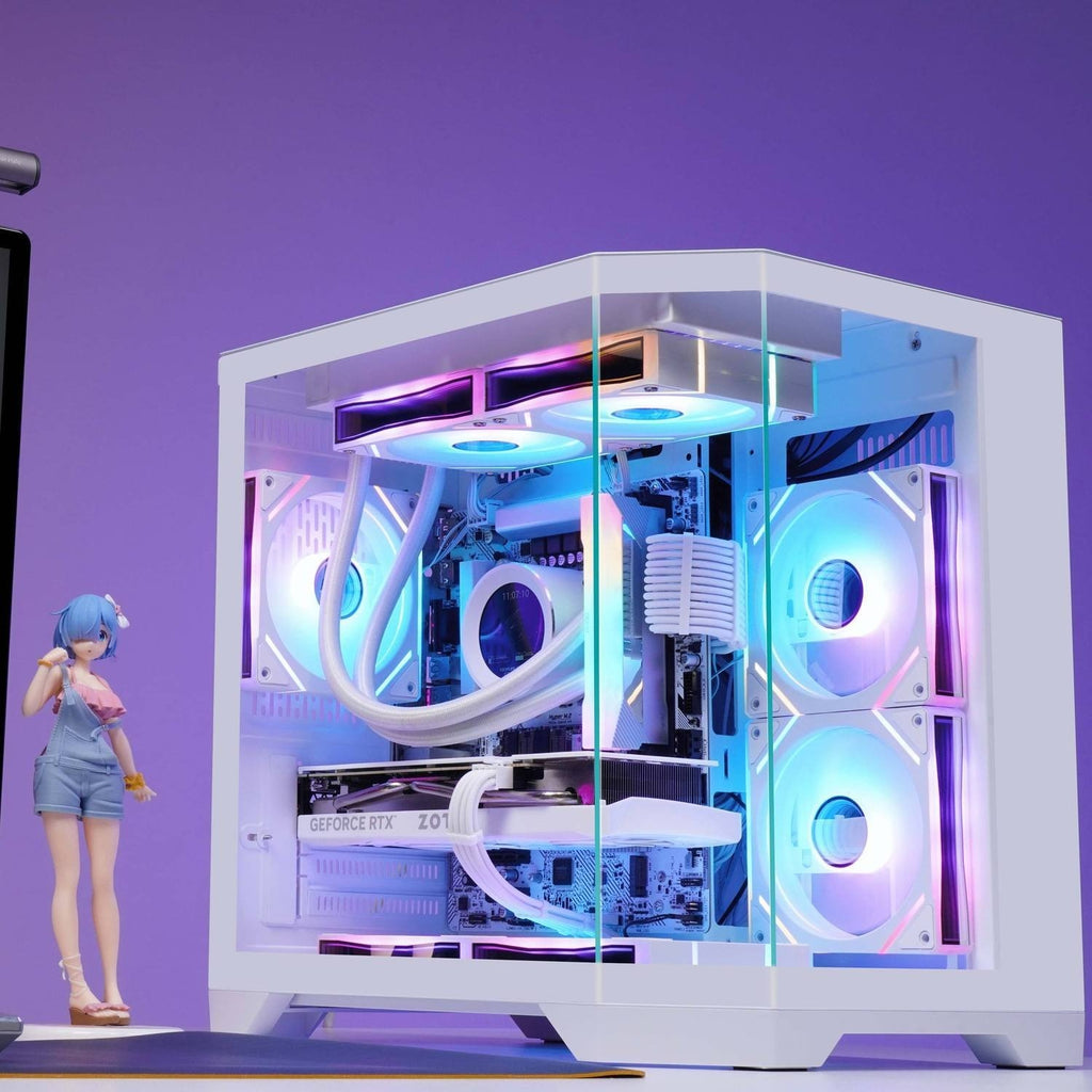 Biała obudowa komputera gamingowego DREAMER PLUS ATX w przykładowej aranżacji stanowiska gamingowego – obudowa PC z możliwością personalizacji nadruku.