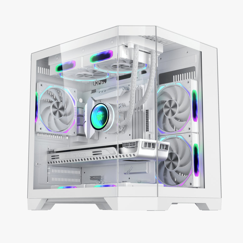 Biała obudowa komputera gamingowego DREAMER PLUS ATX – widok z innej perspektywy, nowoczesna konstrukcja z możliwością wykonania personalizowanego nadruku.