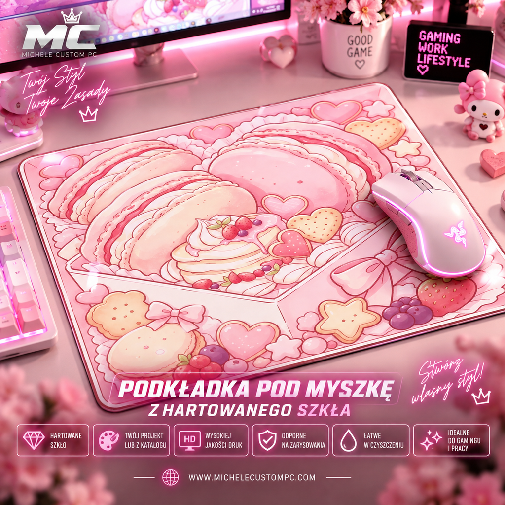 Szklana podkładka pod mysz 25×25 cm z różową grafiką gamingową – przykład personalizowanego nadruku
